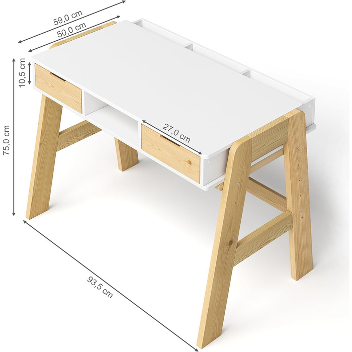 Дитячий письмовий стіл Bellabino Campo - дерево, білий/натуральний, 2 шухляди, 1 полиця, 3 відділення для зберігання, регульований по висоті (50 символів)