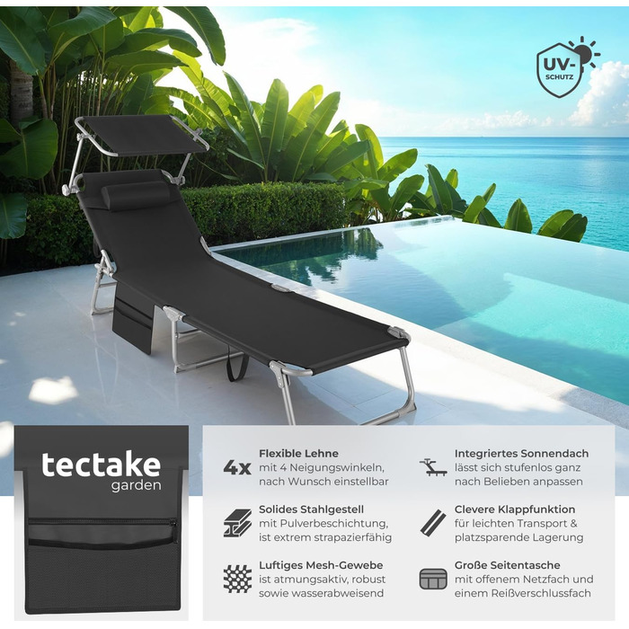 Лежак для відпочинку Tectake®: розкладний, портативний, з кишенею, для саду, пляжу, кемпінгу, з регульованою спинкою та подушкою (чорний)