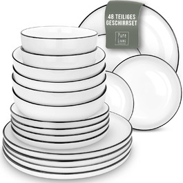 Набір посуду в скандинавському стилі на 6 персон - Porcelain Premium White 18 предметів - Набір посуду для посудомийної машини та мікрохвильової печі - Набір столових сервізів, мисок і тарілок - Стильний посуд, столовий посуд (48 предметів)