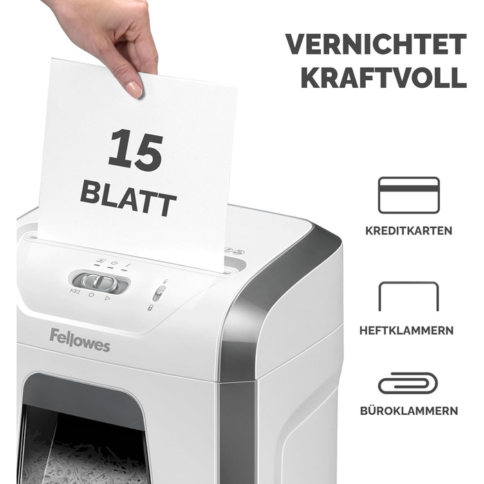 Шредер Fellowes Microcut P5: знищення 2000+ частинок/A4, 10 листів, Powershred 10M, для офісу/дому, 19л кошик, блокування,