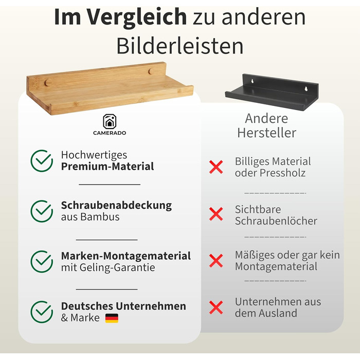 Camerado Набір з 2 бамбукових полиць-карнизів 60 см - настінне дерев'яне полиця з кріпленнями та заглушками