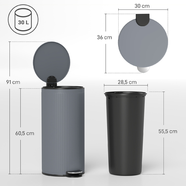 Відро для сміття 30 л з м'яким закриттям кришки та педаллю, внутрішній відрізок з металу, чорного кольору, розміри 36 x 30 x 60,5 см