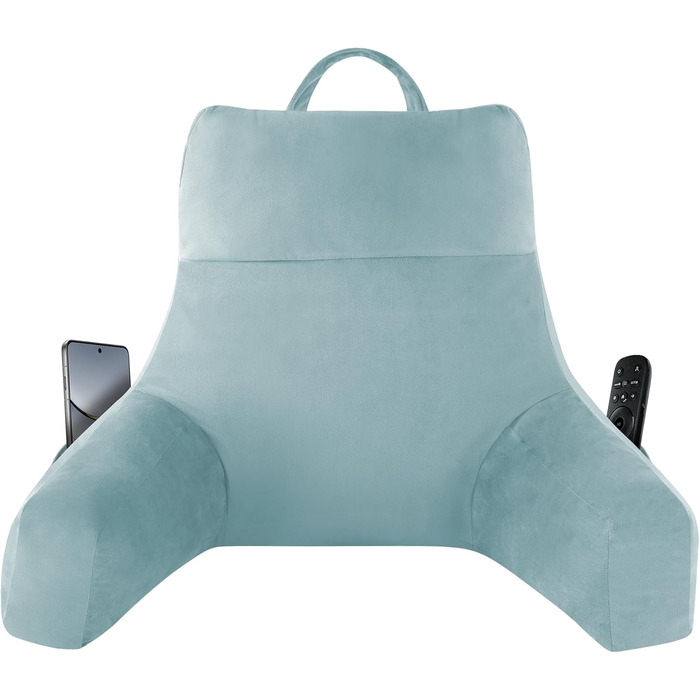 Подушка для читання з підлокітниками для дорослих, спинка для сидіння в ліжку, подушка з наповнювачем з піни з пам'яті з кишенями та знімним, пральним чохлом, для відпочинку, перегляду телевізора (Морська блакить, M(18 дюймів))