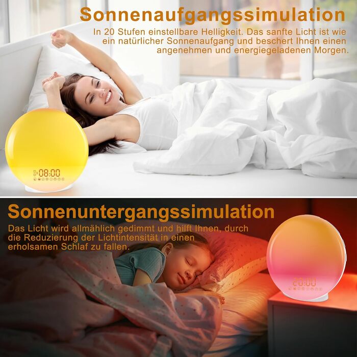 Будильник Cadrim з імітацією сходу сонця та заходу сонця, радіо, 7 природних звуків, FM-радіо, функція повтору, для дорослих та дітей, жовтий