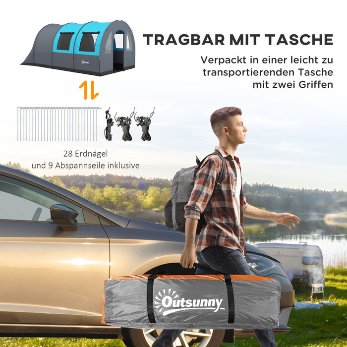 Намет Outsunny Tunnel 6-місний кемпінговий намет з 2 кімнатами та світловим гачком, груповий намет із сумкою для перенесення, водяний стовп 3000 мм, сімейний намет сірого кольору