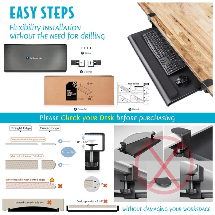 Підставка для клавіатури та миші під стіл EHO з підставкою для зап'ястя, велика, 69.8 x 31.8 см