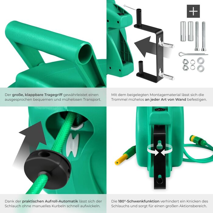 Шланговий барабан Tectake® для стіни, 1/2 дюйма, 10 м, з автозмотуванням. Шланг садовий, котушка для шланга, барабан для поливу, розпилювач.