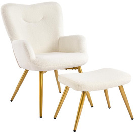 Крісло-навушник Yaheetech з пуфом з тканини Boucle, крісло для відпочинку з підставкою для ніг, розкладне крісло для вітальні/спальні, колір слонова кістка