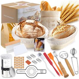 Набір для закваски GEEKHOM: 14 предметів для випікання хліба (заквасочний кошик круглий та овальний, склотара 650 мл, скребок для тіста)