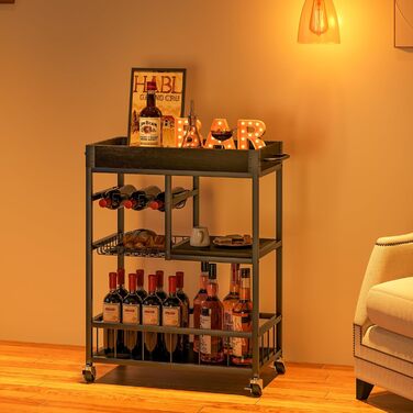 Сервізний візок Huhote з полицею для вина, барний візок, візок для напоїв, візок на колесах, візок для вина в їдальню, кухню, вітальню, бар, вечірку, з імітацією дерева (чорний, металевий кошик)