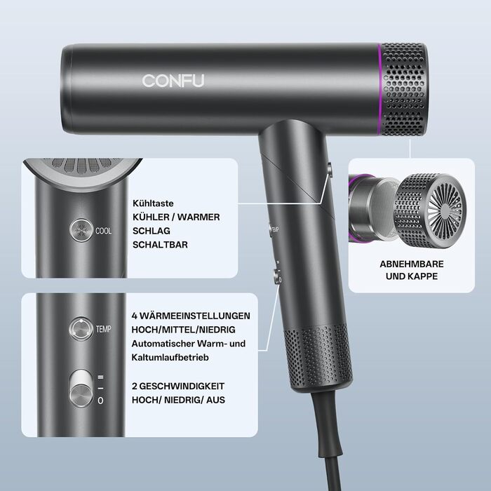 Професійний іонний фен для волосся CONFU 1700W, складаний фен з магнітним дифузором та стилізуючою насадкою, темно-сірий
