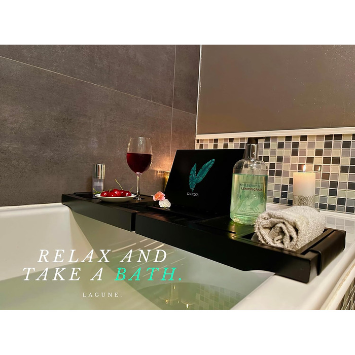 Підставка для ванни Lagune Premium з бамбука (чорна) з шкіряними ручками, для свічок, келихів, книг, планшетів, iPad та телефонів