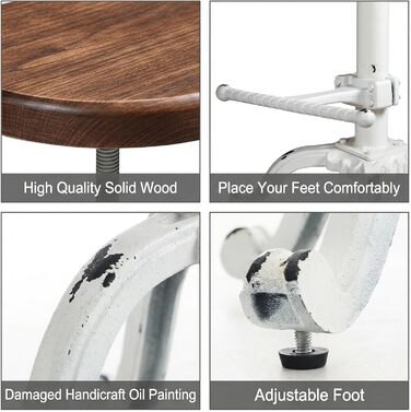 Табурет-стілець у стилі ретро/вінтаж від Topower: дерев'яний, поворотний, регульована висота, для кухні (античний білий)