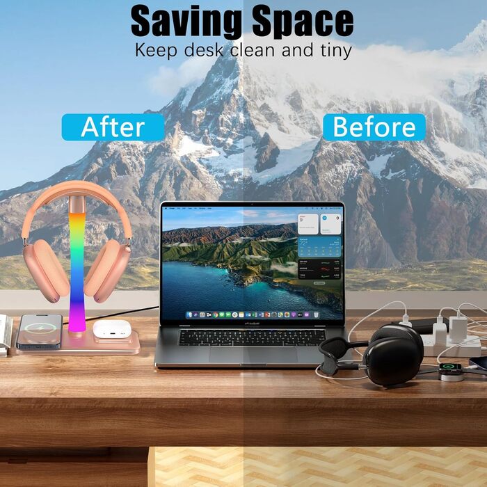 Підставка для навушників з бездротовим зарядним пристроєм, RGB-підсвічування, сумісна з AirPods Max, iPhone, Samsung, ідеальний подарунок для геймерів (Золото)