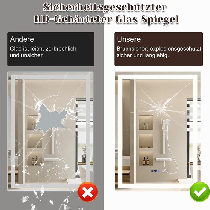 Дзеркало для ванної кімнати Mursche з підсвічуванням LED, 50x70 см, IP44, сенсорний вимикач, годинник, протитуманна функція, регулювання яскравості, 3000K-6500K, прямокутна форма