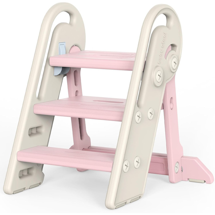 Дитячий підсходильник Onasti Tritthocker, регульована висота, 3 сходинки, з ручками, складний, анти-ковзний, для кухні, ванної кімнати, умивальника та туалету (Сірий) Сіро-білий (Рожевий)