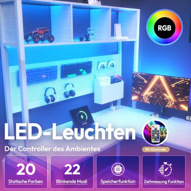 Ігровий кутовий стіл Dowinx з LED-підсвічуванням, 120x148 см, білий, з розетками та USB