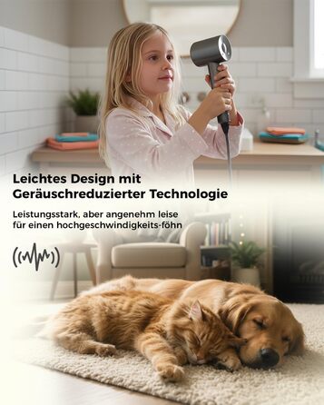 Фен для волосся з дифузором та 5 насадками для стайлінгу, іонізація, безщітковий мотор 1600 Вт, низький рівень шуму, сірий