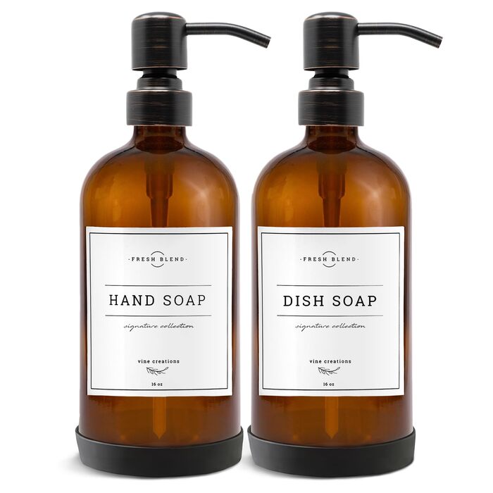 Набір дозаторів для мила 2 шт. з нержавіючою помпою, набір для кухні та ванної кімнати, скляні дозатори 475 мл, вологостійкі етикетки, колір: бронзовий