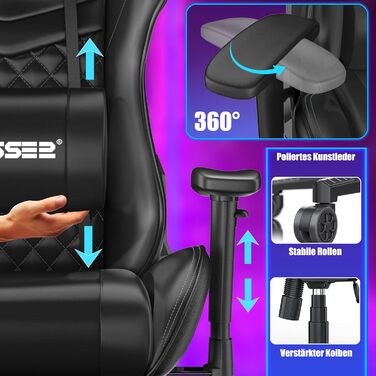 Крісло ігрове KESSER® Ergonomisch з підголівником та поперековою подушкою | Крісло для офісу, геймінгу | Макс. навантаження 150 кг | 360° | Чорний колір