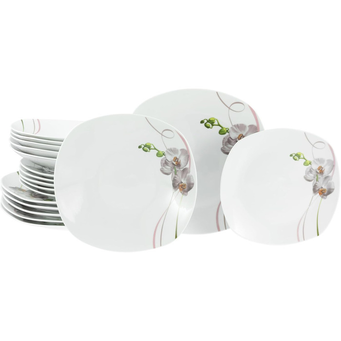 CreaTable Серія Square Orchidee: 18-частинний порцеляновий сервіз для 6 осіб (кавовий сервіз)