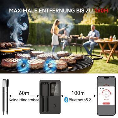 Бездротовий термометр для м'яса BFOUR з 2 зондами, Bluetooth, LCD-дисплей, керування через APP, цифровий термометр для приготування на грилі, в духовці, мангалі, BF-40 PRO, чорний