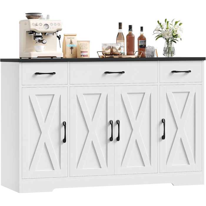 Сервант HOCSOK 140 см: кухонний буфет з 3 висувними ящиками, 4 дверцятами та 2 регульованими полицями, білий та коричневий
