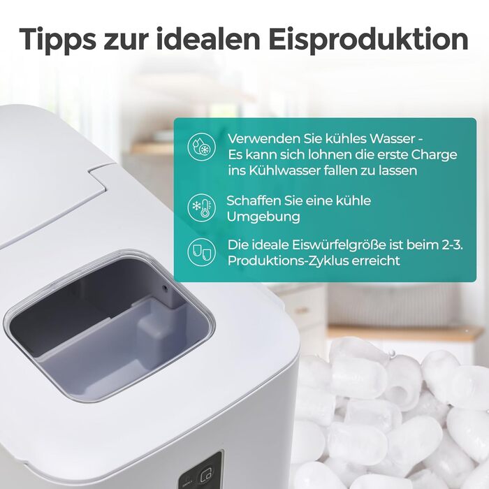 Льодогенератор KLAMER 24 кг/добу, 3 розміри кубиків льоду, 2.2л резервуар, 130W, білий