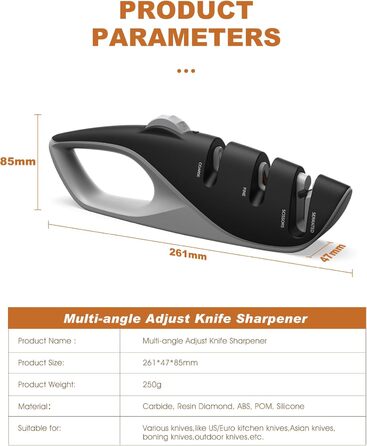 Професійний ручний точило для ножів з 5 кутами, дизайн UK, 3-ступеневе точіння роликами, для кухонних, хвилястих, хлібних, кишенькових та мисливських ножів, ножиць, чорний колір, 26 см