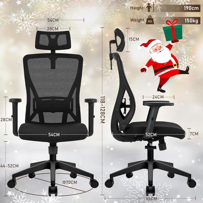 Ергономічне офісне крісло з підголівником та поперековою підтримкою, поворотне, з регульованими підлокітниками, чорне, для дому та офісу