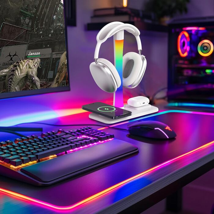 Підставка для навушників з бездротовим зарядним пристроєм, RGB-підсвічуванням, сумісна з AirPods Max, iPhone, Samsung. Подарунок для геймера