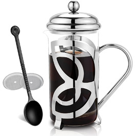 Френч-прес для кави MeelioCafe об'ємом 0,35 літра(2 чашки), термостійкий боросилікатний кавовий прес, маленький, кавовий прес, 350 мл, чорний (скляний, 1000 мл-сріблястий)