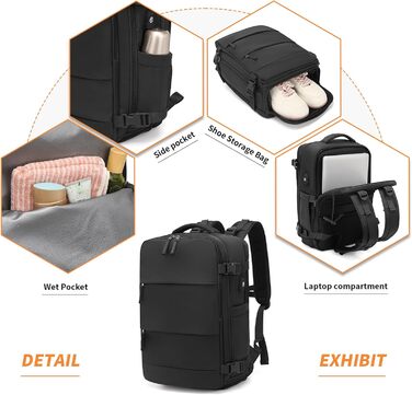 KONO Рюкзак для ручної поклажі 42x30x20, рюкзак для ноутбука 25L, Outdoor, для подорожей, спорту, Weekender з відділенням для взуття, чорний