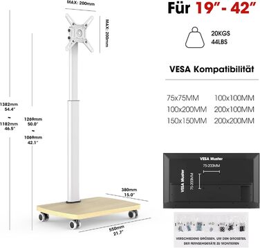 Підставка для телевізора мобільна з дерев'яною основою, поворотна, 19-42 дюйми, біла, до 20 кг, VESA 200x200 мм