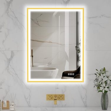 Круглий LED-дзеркало для ванної кімнати Furduzz з підсвічуванням, 700 мм, монтаж на стіну, сенсорна кнопка, регулювання яскравості, 3 кольори, проти запотівання, інтелектуальна функція пам'яті (Модель 2, золота рамка, 80 x 60 см)