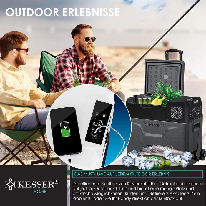 Електрична холодильна та морозильна камера KESSER® Kompressor, 50 літрів з керуванням через APP, USB, 12/24V/230V, телескопічна стійка, акумулятори холоду, колеса, охолодження до -20°C для авто, вантажівок, човнів, антрацит/чорний