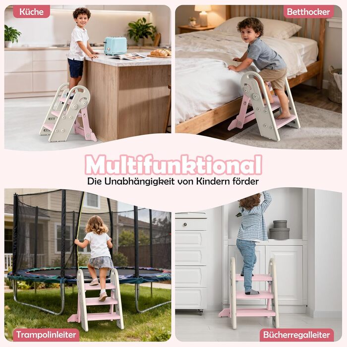 Дитячий підсходильник Onasti Tritthocker, регульована висота, 3 сходинки, з ручками, складний, анти-ковзний, для кухні, ванної кімнати, умивальника та туалету (Сірий) Сіро-білий (Рожевий)