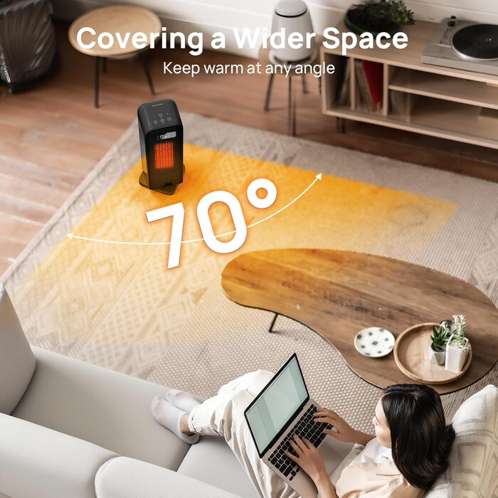 Електричний обігрівач 1500W з PTC-керамічним нагрівачем, портативний з термостатом та ECO-режимом, 4 режими, цифровий дисплей, таймер 12 годин, тихий (35dB), чорний (40cm)