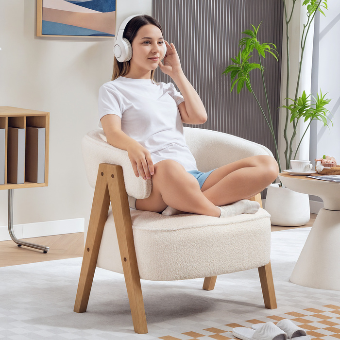 Сучасне крісло з м'яким оздобленням, оксамитовий (флісовий) чохол, акцентне крісло, крісло з підлокітниками на дерев'яних ніжках, металевий каркас, білий