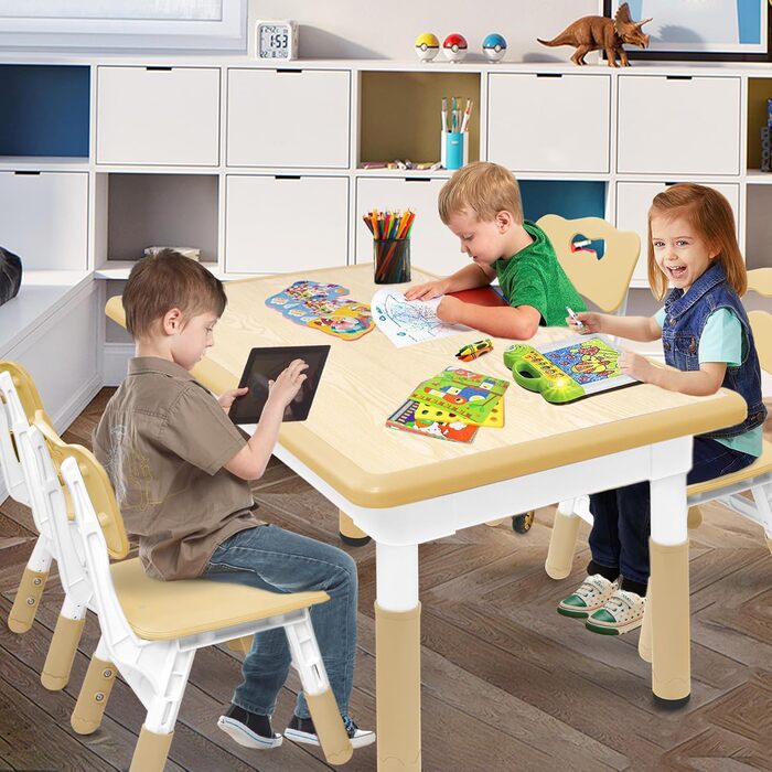 Дитячий стіл з 4 стільцями AufuN, регульована висота, набір для дитячої кімнати, садка, класів, легко миється, пластикові меблі, коричневий