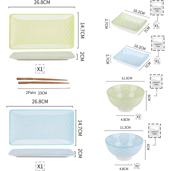 Набір посуду для суші, vancasso Natsuki 8 шт. Набір посуду з барвистою порцеляновою тарілкою на 2 особи