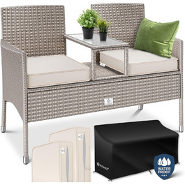 Садова банкетка KESSER® з ротангу на 2 особи з інтегрованим столиком, 143×63×88 см - стійка до погодних умов, комплект з подушками та чохлами (сірий)