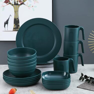 Набір посуду Kyraton з 20 предметів: тарілки, чашки, миски. Неймовірно міцний, легкий, для кемпінгу. Безпечний для миття в посудомийній машині. Підходить для 4 осіб (темно-зелений)