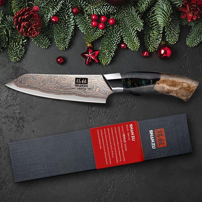 Кухонний ніж SHAN ZU з дамаської сталі з мідним лезом, ручне ковальство, японський ніж, 33 шари дамаської сталі, мідь, професійний, 20 см, серія VENUS. Також: ніж для фруктів 9,5 см