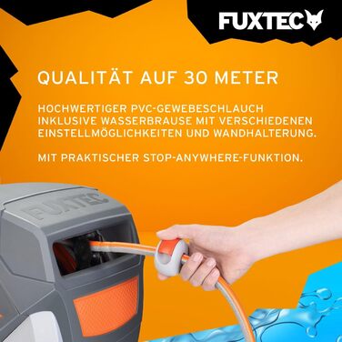 Автоматичний шланг для саду Fuxtec FX-WSA30 – 30 метрів, ½ дюйма, з роликом для стіни, включаючи ручну лійку та з'єднувачі, поворотний на 180°, оранжевий