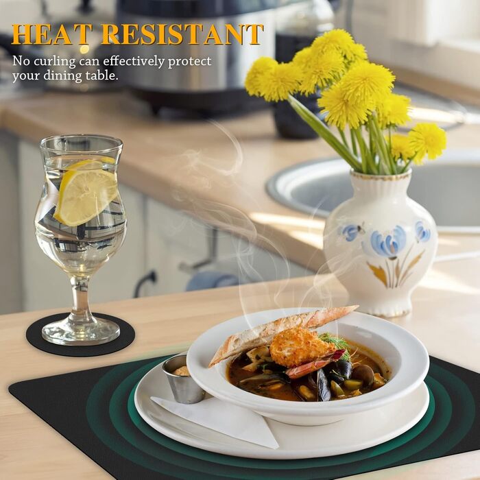 Набори серветок на стіл (6 шт.) чорного кольору, водонепроникні, підставки під тарілки, серветки для дітей, осінні серветки, серветки зі штучної шкіри, підставки під тарілки (Чорний, розмір 38,8)