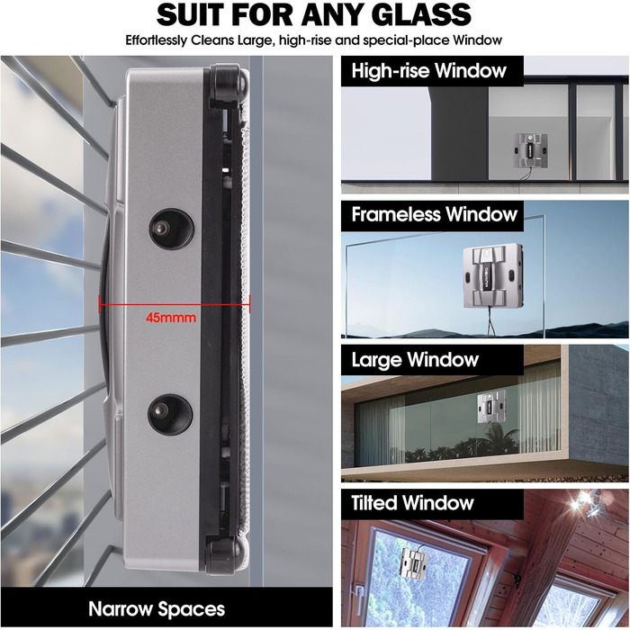 Робот для миття вікон K2 з функцією розпилення, 6000Pa, тихий, для рамових та безрамових вікон, з 4 запасними серветками