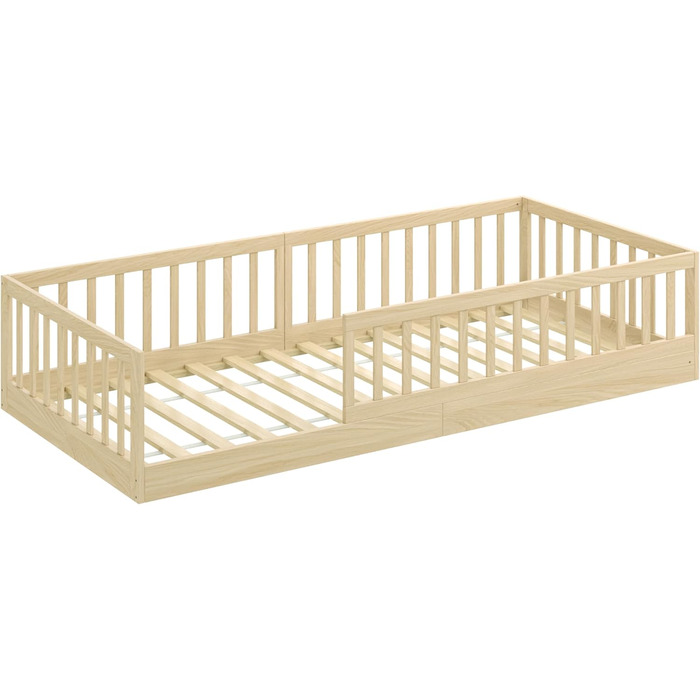 Ліжко-підлога CADANI Timi 2в1 Монтессорі 120x200 см для дітей з бортиками, ламелями, з масиву сосни, біле. 3 варіанти збірки, до 200 кг, розбірне.