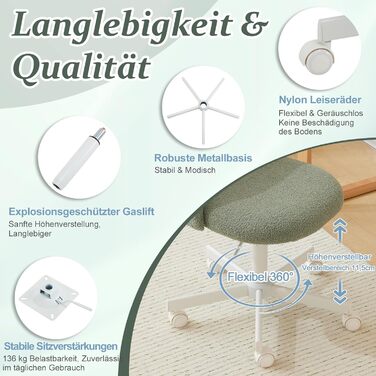 Офісне крісло Bonnlo з роликами, регульована висота, для робочого кабінету, спальні, home office, обшите тедді, білий (зелений)