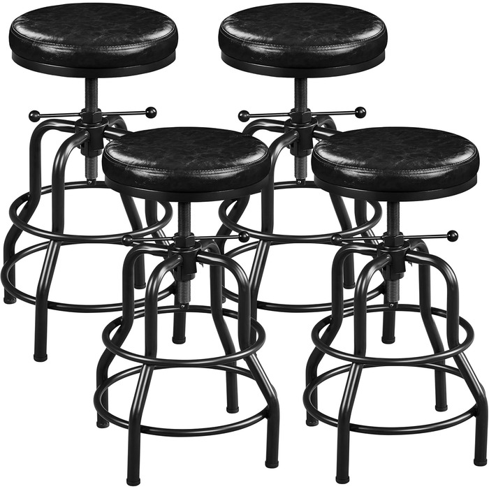 Барний стілець Yaheetech Vintage з регулюванням висоти, м'яке сидіння, штучна шкіра, для кухні/вітальні/бару (4 шт., чорний)